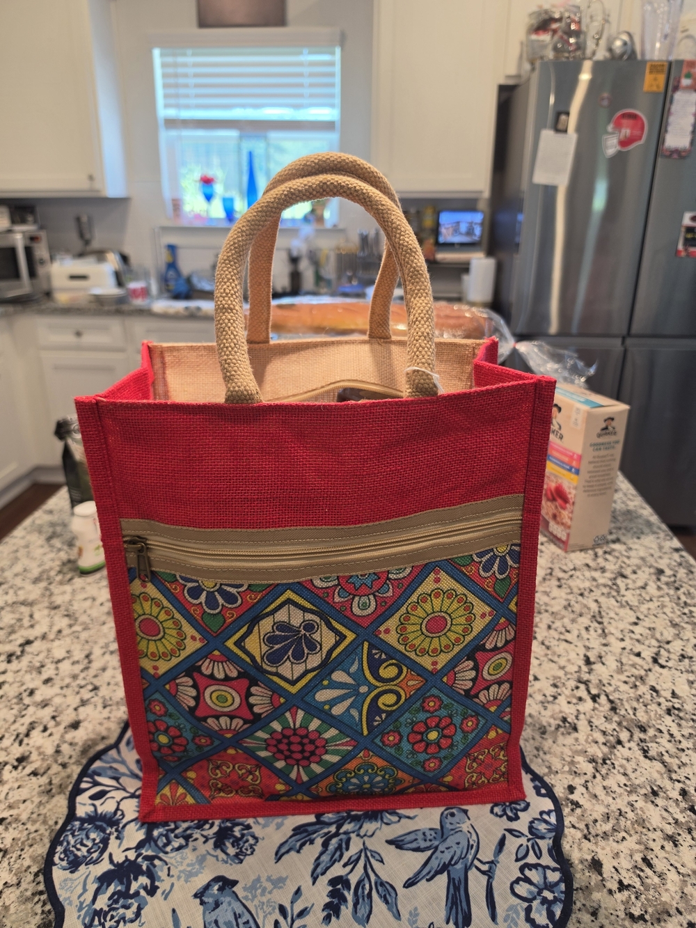 Red Floral Patterned Tote Bag with Front Zip Pocket